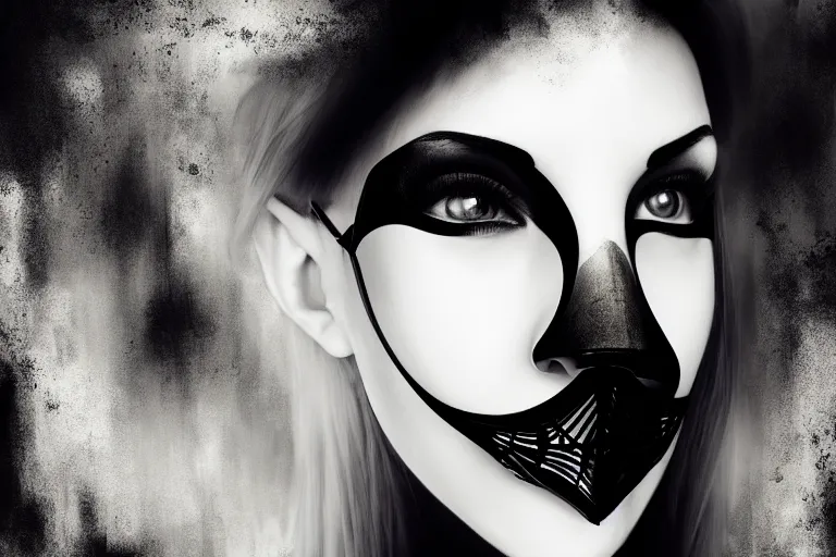 Image similar to portrait of a young beautiful woman with a mask. contemporary photograph, speed painting, fractal, mandelbulb. trending on artstation. black and white.