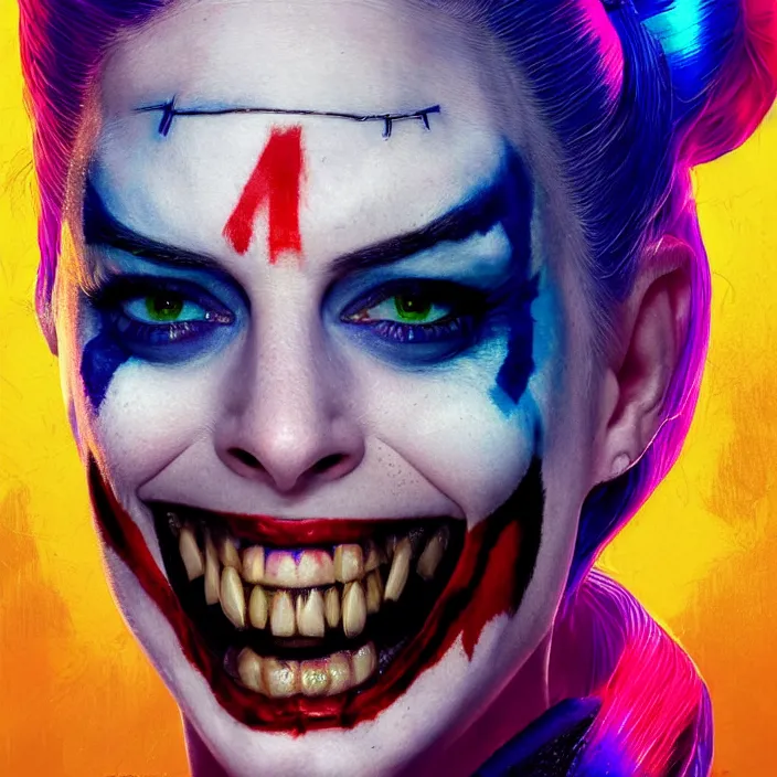 Image similar to portrait of Anne Hathaway as a harley quinn in Suicide Squad. intricate abstract. intricate artwork. by Tooth Wu, wlop, beeple, dan mumford. octane render, trending on artstation, greg rutkowski very coherent symmetrical artwork. cinematic, hyper realism, high detail, octane render, 8k, iridescent accents