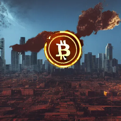 Image similar to cinematic shot of a giant rusty bitcoin broken in half falling over the city, beeple style