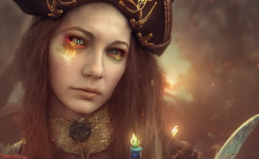 Prompt: magical and mystical pirate queen, octane render, rembrandt, cgsociety, artstation trending, horror scene, highly detailded
