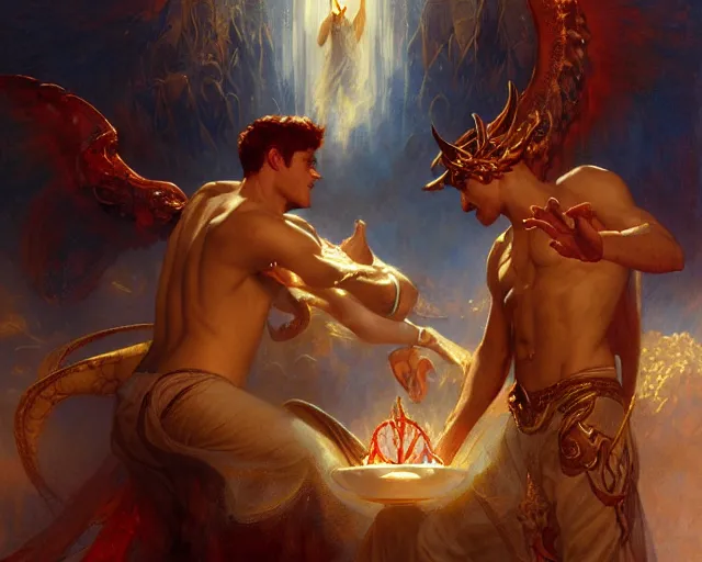 Image similar to attractive male deity, casting demonic magic, summoning handsome lucifer morning star. highly detailed painting by gaston bussiere, craig mullins, j. c. leyendecker 8 k