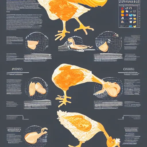 Image similar to infographic draw cut in half of a chicken explaining function and organs position, higly detailed, 8 k, photorealistic, art concept, artstation, sharp focus