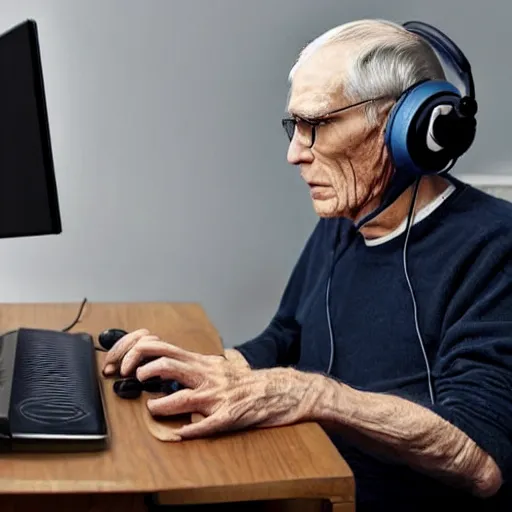 Image similar to A colored colorized real screenshot of Jerma985 as an elderly guy streaming on his computer while wearing headphones, taken in the early 2020s, taken on a 2010s Camera, realistic, hyperrealistic, very realistic, very very realistic, highly detailed, very detailed, extremely detailed, detailed, digital art, trending on artstation, headshot and bodyshot, detailed face, very detailed face, very detailed face, real, real world, in real life, realism, HD Quality, 8k resolution, intricate details, colorized photograph, colorized photon, body and headshot, body and head in view