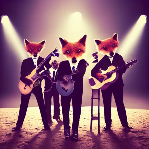 Prompt: music album cover, with foxes animals dressed in suits, holding guitars, on a beach, all looking at camera, studio lighting, 8 5 mm f / 1. 4