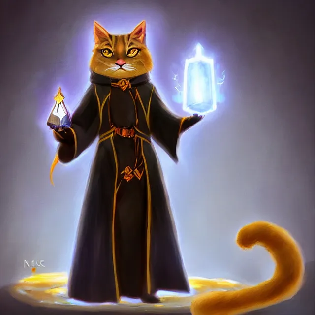 Prompt: black cat tabaxi sorcerer wearing robes holding a glowing crystal, character concept art, oil painting, artstation