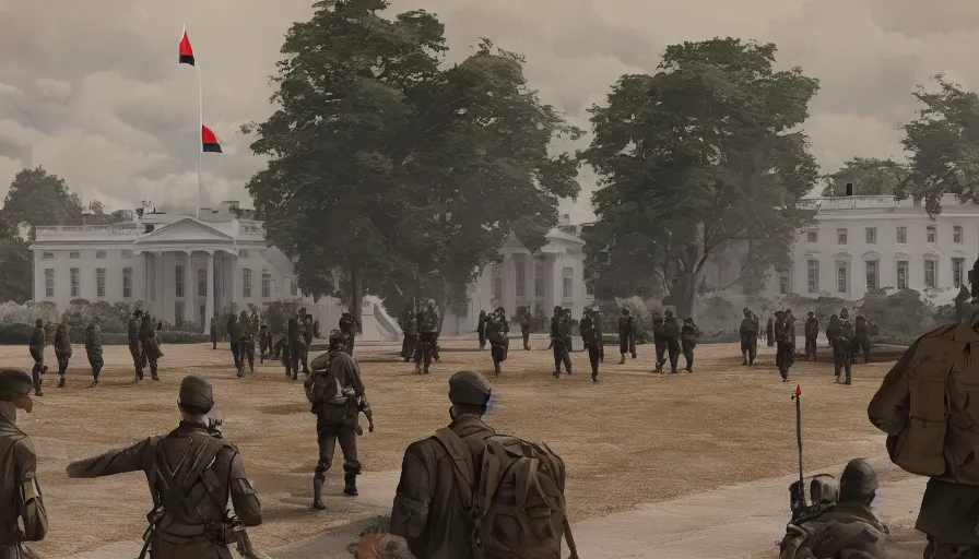 Prompt: white house with nazi flags and german soldiers walking around, hyperdetailed, artstation, cgsociety, 8 k