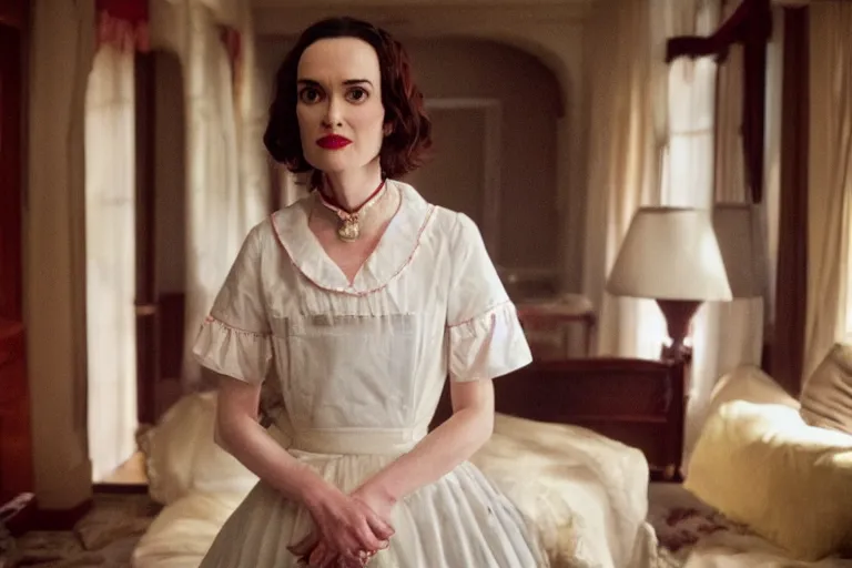 Prompt: mid-shot of Winona Ryder as a maid in the new movie directed by Wes Anderson, symmetrical shot, idiosyncratic, relentlessly detailed, limited colour palette, detailed face, movie still frame, promotional image, imax 70 mm footage