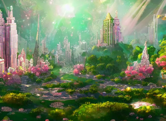 Image similar to shimmering crystal city made of diamond and rose quartz with gold decoration, sparkling in the sunlight, surrounded by lush flowers and green leaves. trending on artstation.