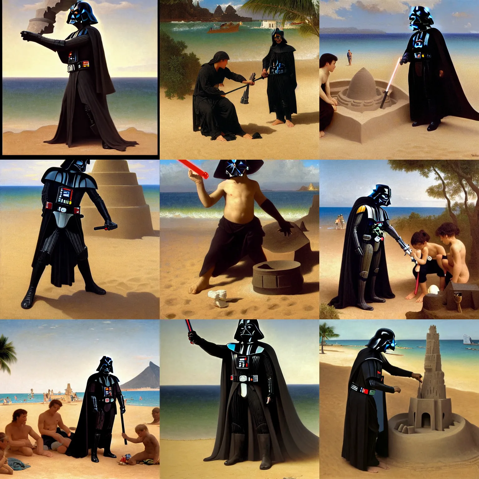 Prompt: darth vader building a sand castle in hawaii, extremely detailed painting by william - adolphe bouguereau 8 k