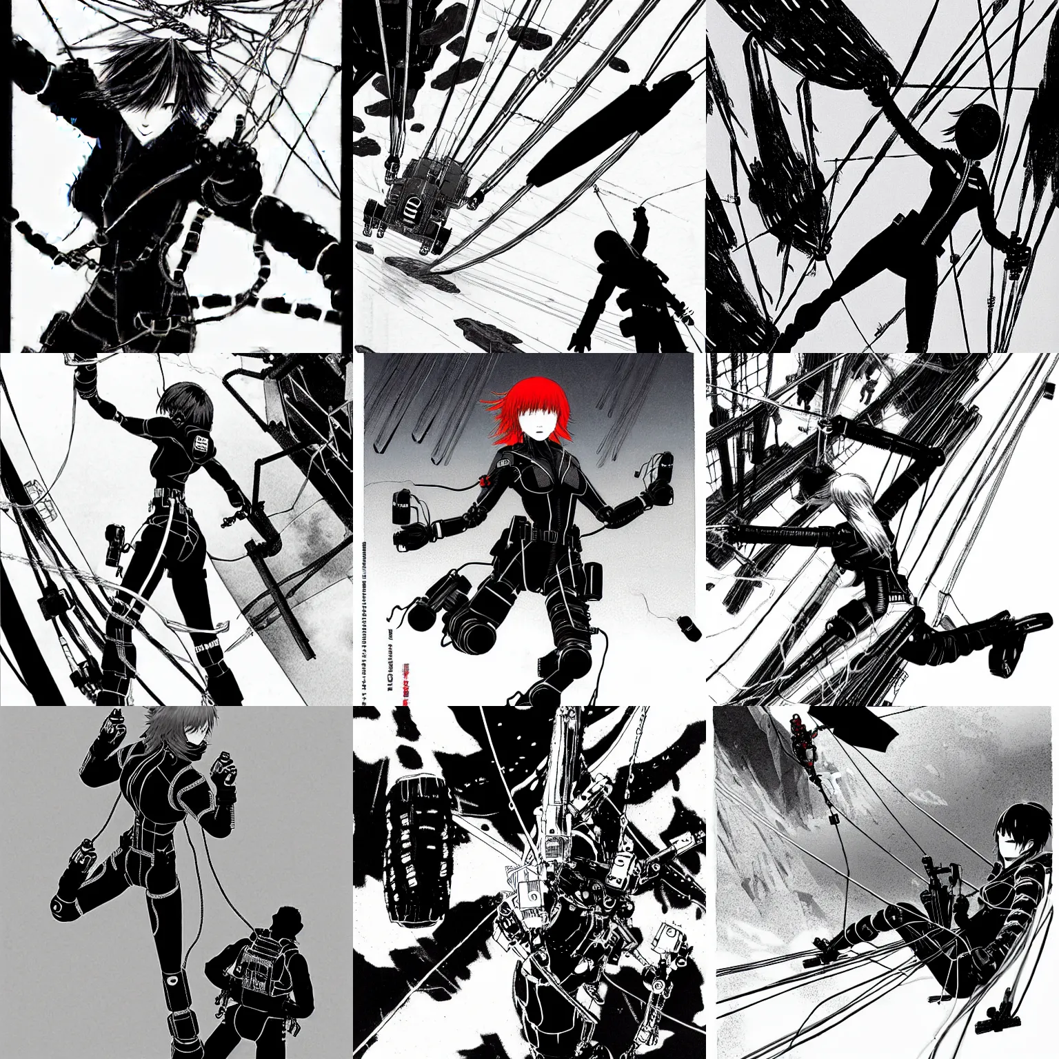 Prompt: black widow flies with a parachute from everest and fires pistols at robots by tsutomu nihei, black and white