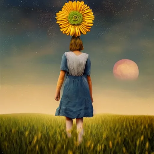 Image similar to giant daisy flower as a head, girl walking in wheat field, hills, surreal photography, moon light, dark night, star trails, dramatic light, impressionist painting, clouds, digital painting, artstation, simon stalenhag