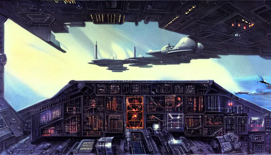 Prompt: highly detailed matte painting science fiction aircraft carrier bridge interior. flight deck, terminals, futuristic, navigation command center, synthetic, military equipment, computer screens. window into space nebula. environment art by syd mead and h. r. giger and john berkley and john harris. concept art, dystopian grunge, retro futurism, cinematic lighting, brightly lit - style atmosphere