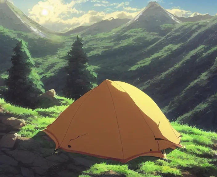 Image similar to A tent built on top of a very large mountain, peaceful and serene, incredible perspective, soft lighting, anime scenery by Makoto Shinkai and studio ghibli, very detailed