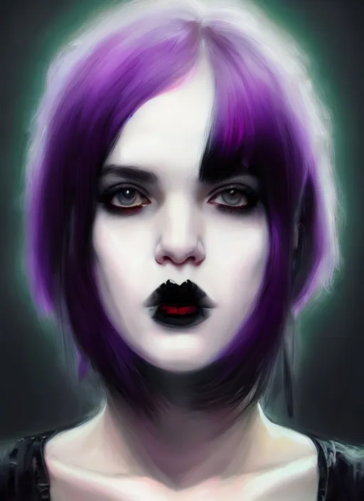 Image similar to portrait of white teenage girl, normal face, black bangs, mall goth, cyberlox, black and white hair, bangs, fluffy bangs, red contacts, purple lipstick, intricate, elegant, highly detailed, digital painting, artstation, concept art, sharp focus, smooth, illustration, art by wlop, mars ravelo and greg rutkowski