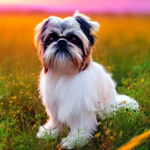Image similar to shih tzu in a field full of flowers, photo realistic, with a sunset