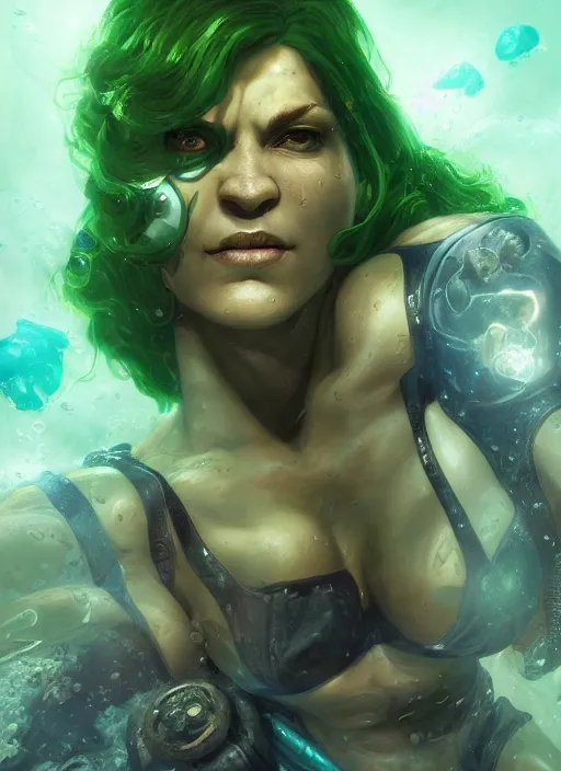 Image similar to underwater portrait of shehulk as a space marine, hyper detailed, digital art, cinematic lighting, studio quality, smooth render, unreal engine 5, octane rendered, art style by klimt and nixeu and ian sprigger and wlop and krenz cushart.