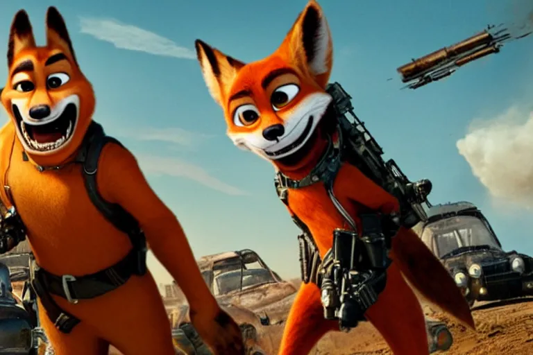 Image similar to nick wilde, heavily armed and armored facing down armageddon in a dark and gritty reboot from the makers of mad max : fury road : witness me