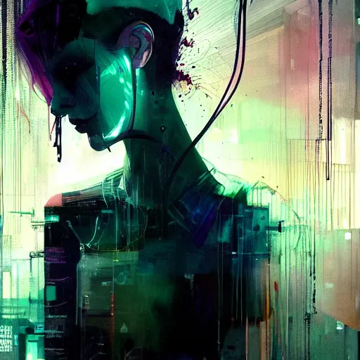 Prompt: beautiful young cyberpunk noir woman vr dreaming of a nightmare glitchcore world of wires, and machines, by jeremy mann, francis bacon and agnes cecile, and dave mckean ink drips, paint smears, digital glitches glitchart