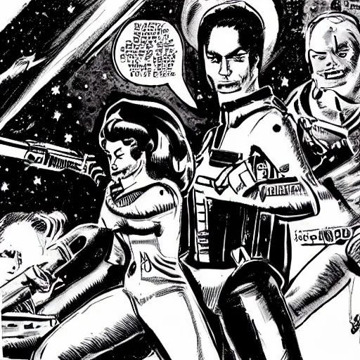 Image similar to space opera gunfight, in the style of wally wood, photorealistic