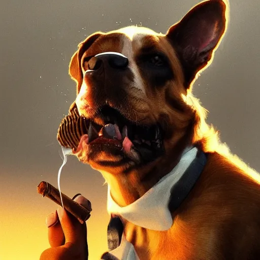 Prompt: a dog wearing smoking a cigar, dramatic lighting, cinematic, establishing shot, extremly high detail, photorealistic, cinematic lighting, concept art, artstation, style by greg rutkowsky