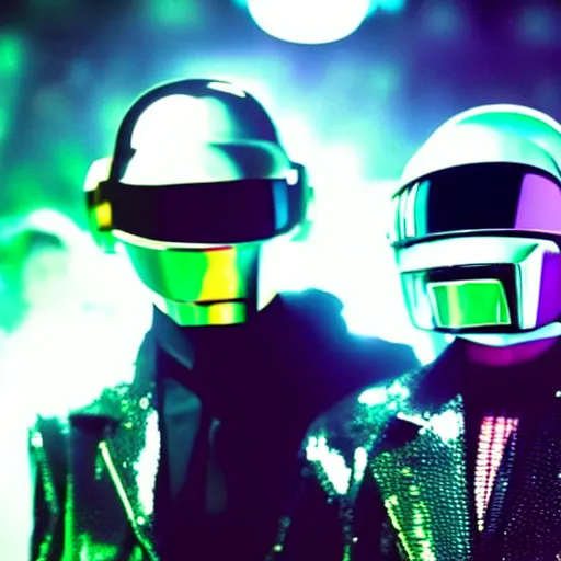 Prompt: daft punk djing at a huge rave with lots of people, chromatic aberration, 8 0 s film, bokeh depth of field