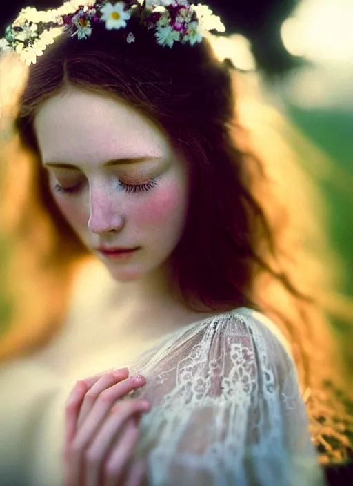 Prompt: Kodak Portra 400, 8K, soft light, volumetric lighting, highly detailed, britt marling style 3/4, Close-up portrait photography of a beautiful woman how pre-Raphaelites a woman with her eyes closed is surrounded by water, she has a beautiful lace dress and hair are intricate with highly detailed realistic beautiful flowers , Realistic, Refined, Highly Detailed, natural outdoor soft pastel lighting colors scheme, outdoor fine art photography, Hyper realistic, photo realistic