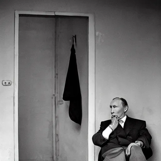 Prompt: a very sad and old wrinkled vladimir putin ( ( in prison clothes sitting on prison bench in prison ) ). detailed professional 3 5 mm black and white photo by don mccullin and anders petersen world press photo award