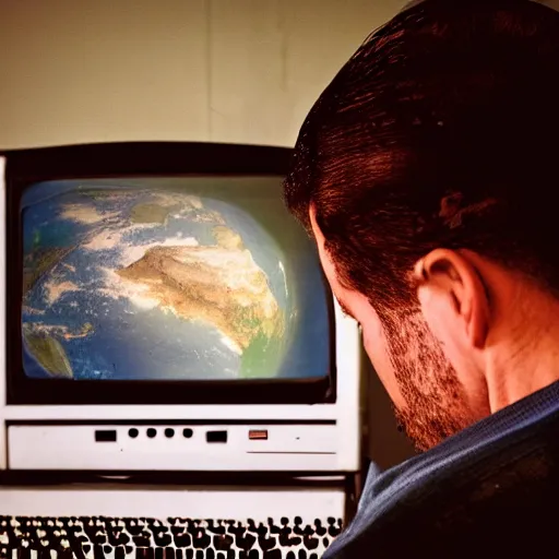 Image similar to a man watching the end of the world on a vintage computer