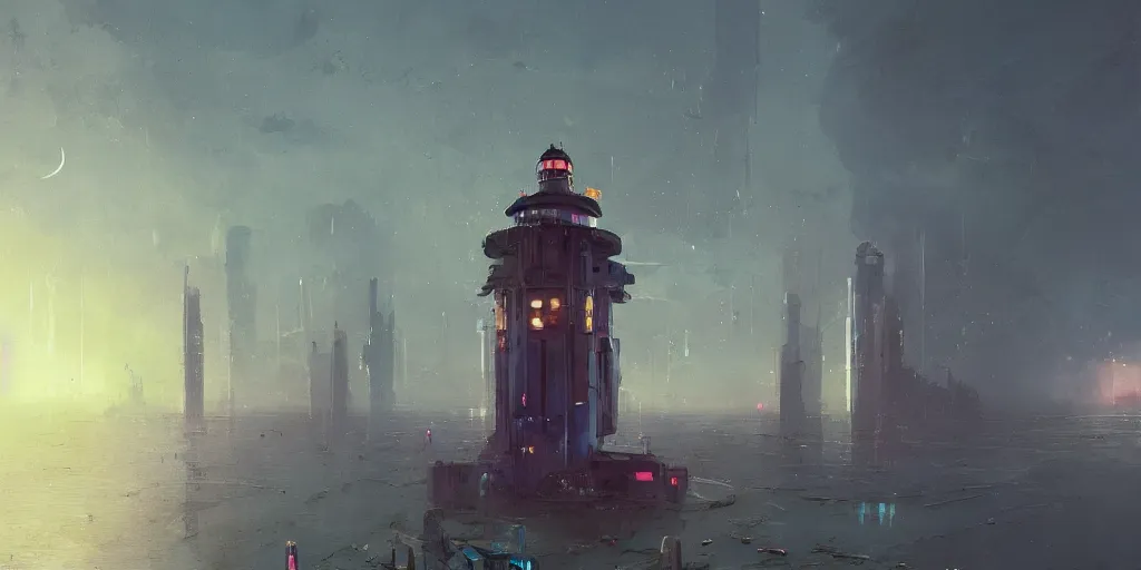 Prompt: concept art of a lone towering sci - fi lighthouse at the waterfront of a busy city, grimy, gritty, blade runner 2 0 4 9, trending on artstation, award winning painting, cgi, art by john berkey and anton fadeev and john howe and simon stalenhag