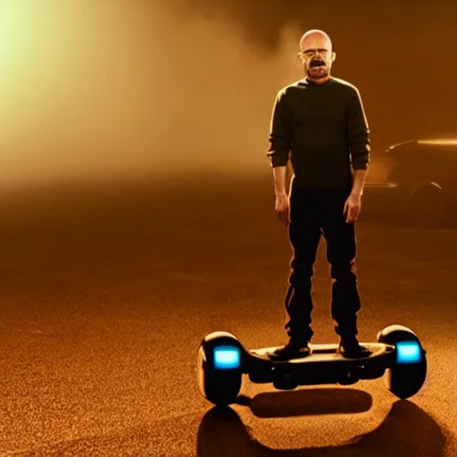 Prompt: photo of walter white standing on a hoverboard with an exploding car behind him, color, cinematic lighting