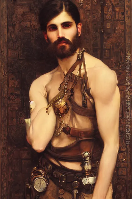 Image similar to attractive male, steampunk, cool tint, orientalist intricate portrait by john william waterhouse and edwin longsden long and theodore ralli and nasreddine dinet, hyper realism, dramatic lighting