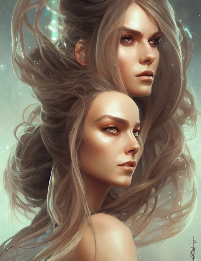 Image similar to futuristic woman portrait, sci-fi, amber eyes, face, long hair, fantasy, intricate, elegant, highly detailed, digital painting, artstation, concept art, smooth, sharp focus, illustration, art by artgerm and greg rutkowski and alphonse mucha