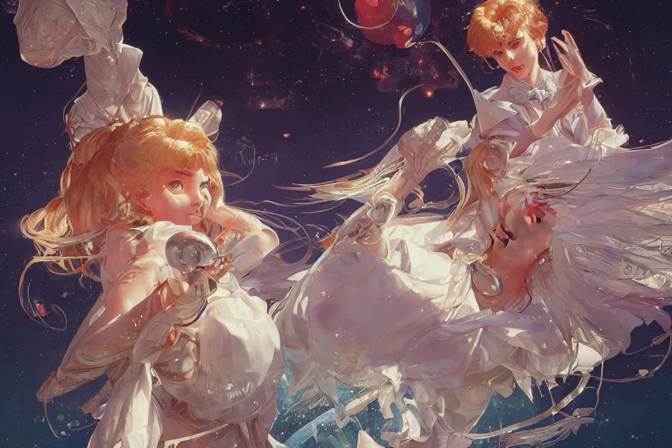 Image similar to ultra realistic illustration, full body sailor moon food fight, sci - fi, fantasy, intricate, elegant, highly detailed, digital painting, artstation, concept art, smooth, sharp focus, illustration, art by artgerm and greg rutkowski and alphonse mucha