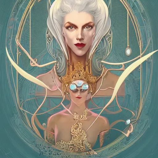Prompt: portrait of a victorian duke, girl with a stylized sexy with white hair, royal style, elite, gold, art deco, symmetry, octopus, stylized illustration by peter mohrbacher, moebius, victo ngai, vivid colorful comic style, line sleek, diesel punk