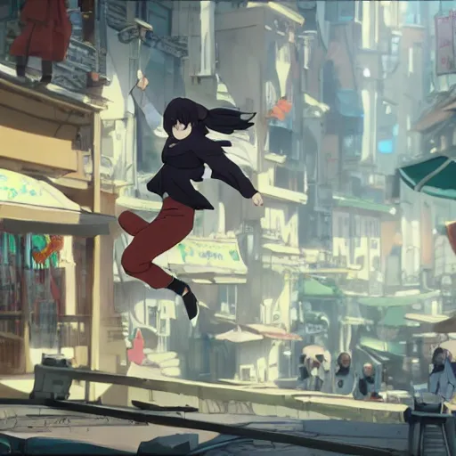 Prompt: female thief jumping up, looking down, surrounded by soldiers, busy marketplace, daytime, asian, fantasy, screenshot from the anime film by makoto shinkai, 8k