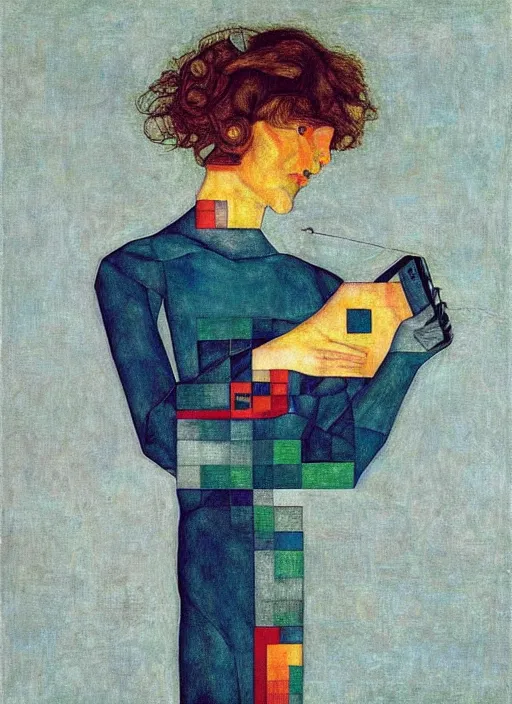 Image similar to creative coder with a computer in geometric harmony, by egon schiele and quint buchholz, portrait, colorful, escher, detail