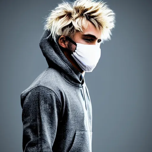 Prompt: professional digital art of a cute guy with blonde fluffy messy hair wearing a black face mask and a gray hoodie, high quality, HD, 8K, highly detailed, award-winning