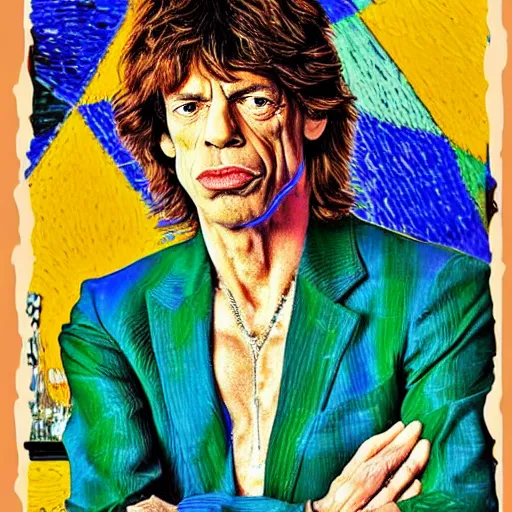 Prompt: an artistic portrait of mick jagger, attractive, rock star, high quality, studio photography, colorful, hero, heroic, beautiful, in the style of vincent van gogh