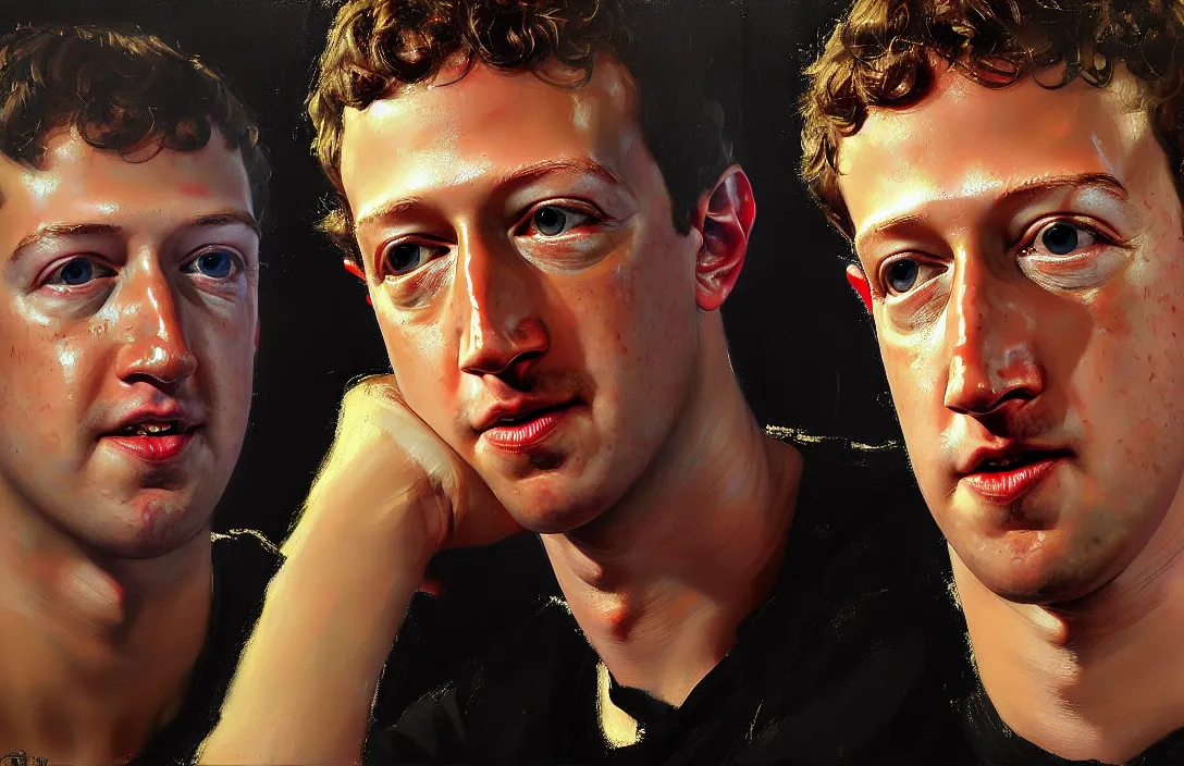 Image similar to portrait of mark zuckerberg!!!!!!!!!!!!!!!!!!!!!!!!!!!, detailed face, detailed painting, epic lighting, by ilya repin, phil hale and kent williams