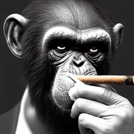 Image similar to a high detail photo of donald trump smoking a cigarrette, subject= chimp, subject detail: extremly detailed, subject action: smoking a cigar, photorealism, dramatic lighting, award winning photograph, trending on artstation