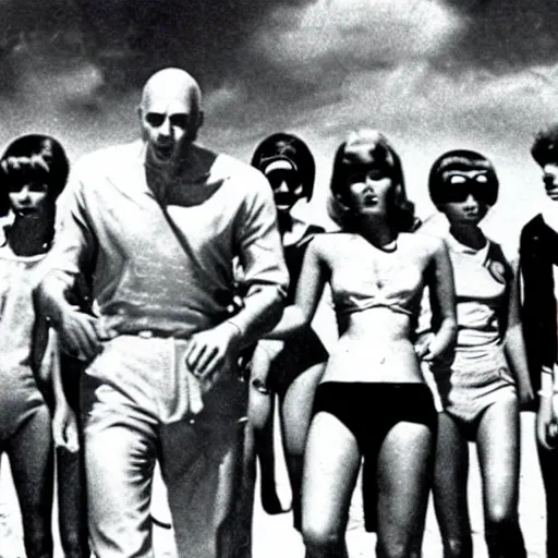Image similar to 60s B movie about a killer robot from the future attacking teenagers having a party at the beach.