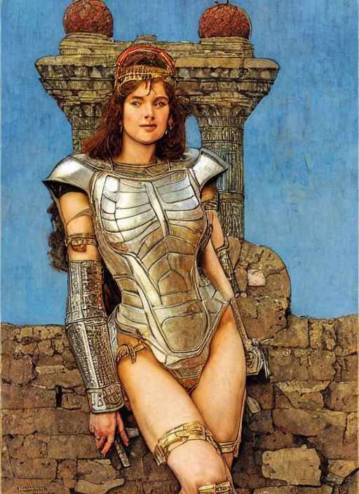 Prompt: portrait of helen of troy in armour outside the city walls, by lawrence alma tadema and rick berry and norman rockwell and greg staples and jack kirby