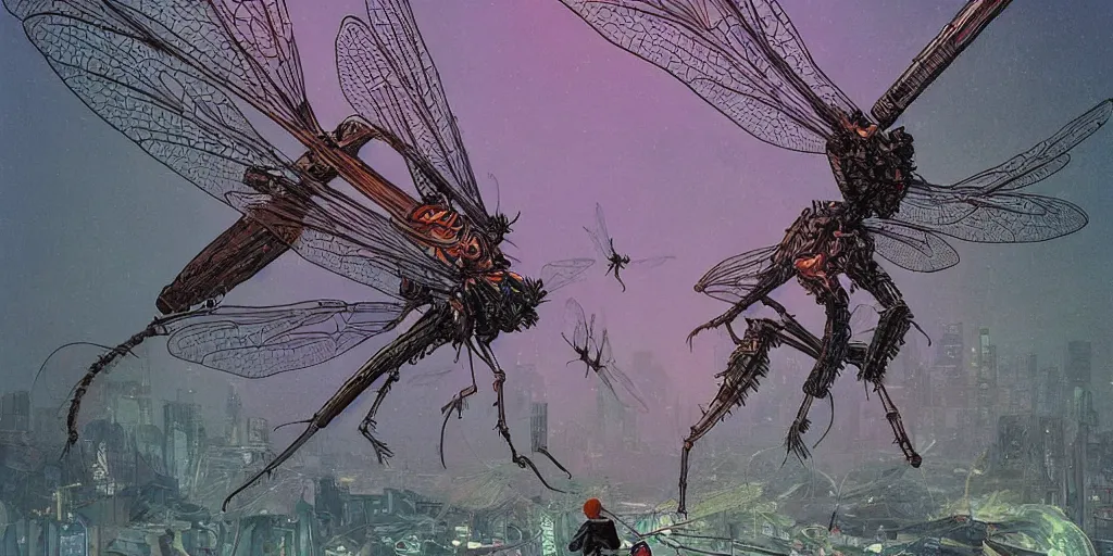 Image similar to dramatic angle on stylised giant dragonfly with few element of cyberpunk armor attacking very tiny dark creatures in fantasy jungle, by moebius!!!!, victo ngai!!!!, cinematic view!!!, dynamic lighting, night mood!!!!