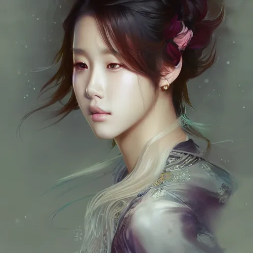 Prompt: portrait of kpop idol, dreamy and ethereal, casual clothes, fierce expression, intricate, rose tones, highly detailed, digital painting, artstation, concept art, smooth, sharp focus, illustration, art by artgerm and greg rutkowski and alphonse mucha