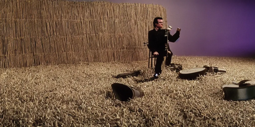 Image similar to Johnny Cash croons snake guitar amidst reels of tape, newspaper clippings and sheathes of wheat, still from the unreleased movie UNLESS YOU HATE BULL RUNS directed by Federico Fellini, hyperreal lifelike cinematography with purple and green atmospheric light and shadow, 35mm film, rendered in octane with snakeoil subsurface scattering