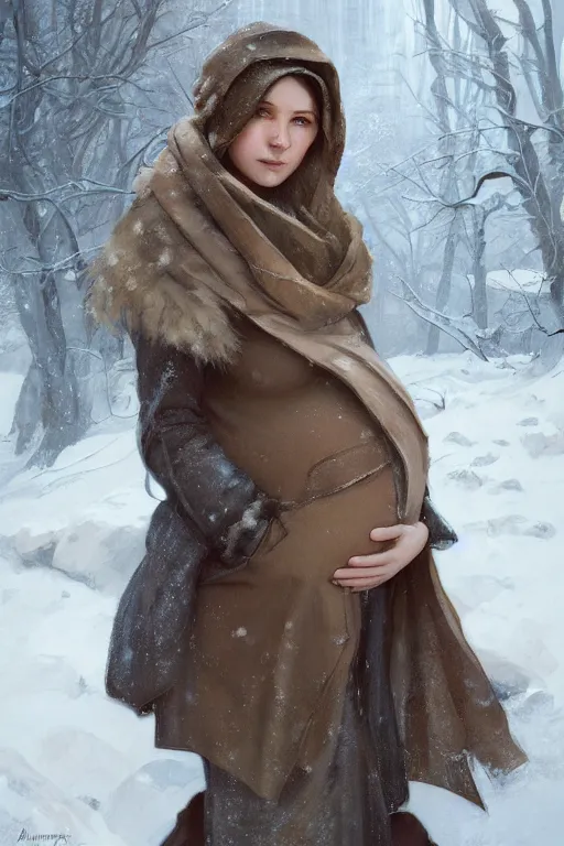Image similar to portrait of a hungry and cold pregnant woman in the besieged Leningrad in winter, , digital painting, artstation, concept art, smooth, sharp focus, illustration, art by artgerm and greg rutkowski and alphonse mucha