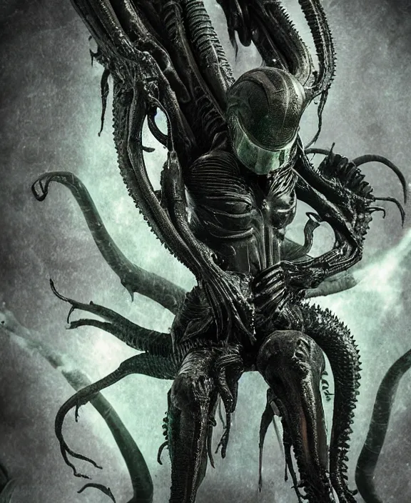 Prompt: xenomorph queen goth meditating model hybrid, dragon eggs, dark emerald mist colors, giger background liminal void, cinematic lighting, realistic, award winning photograph, various refining methods, micro macro autofocus