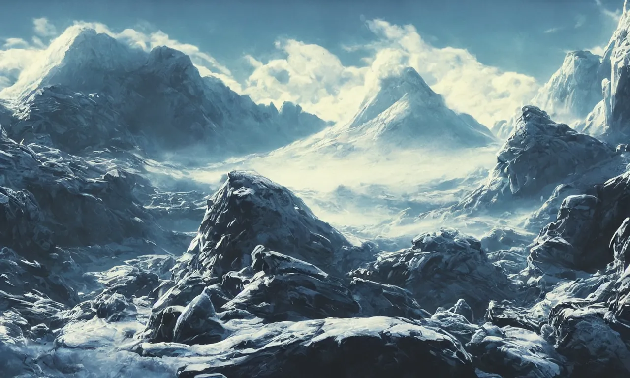 Image similar to frozen planet with mountains in clouds on the background, ravine in front, science-fiction, cinematic lighting, cinematic angle, Syd Mead, Federico Pelat, daylight, blue sky, spaceship in the sky