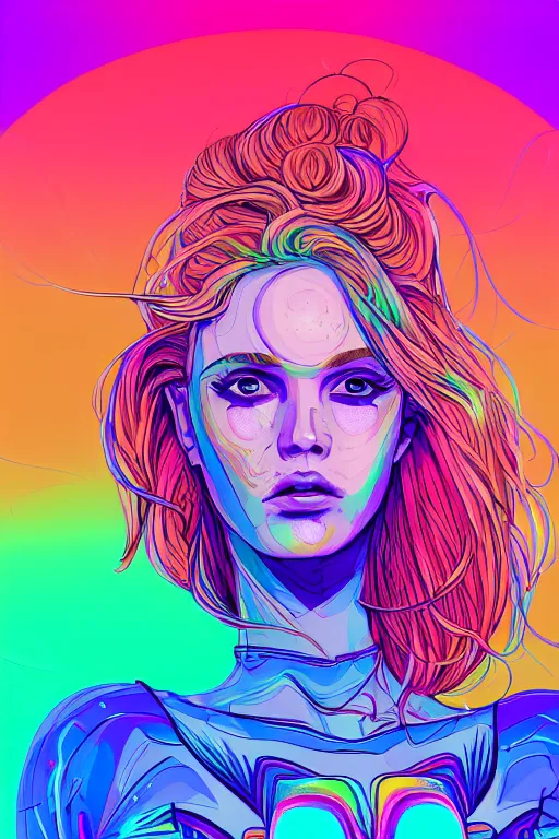 Image similar to a award winning half body portrait of a beautiful woman with stunning eyes in a croptop and cargo pants with rainbow colored ombre hairstyle head in motion and hair flying by josan gonzales, neon outlines, outrun, vaporware, shaded flat illustration, digital art, trending on artstation, highly detailed, fine detail, intricate