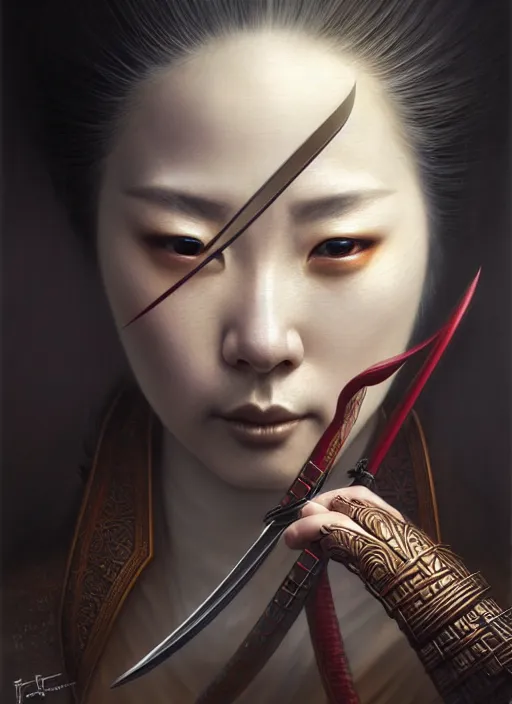 Image similar to portrait shot of a female samurai holding a sword next to her face, intricate, elegant, highly detailed, centered, digital painting, artstation, concept art, smooth, sharp focus, illustration, artgerm, tomasz alen kopera, peter mohrbacher, donato giancola, joseph christian leyendecker, wlop, boris vallejo